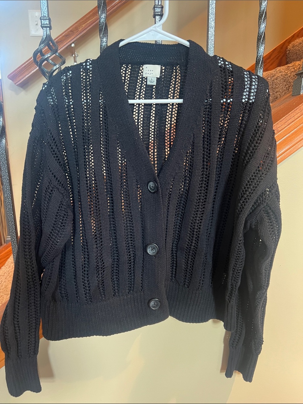 a new day Black Open-Knit Button-Front Cardigan Sweater